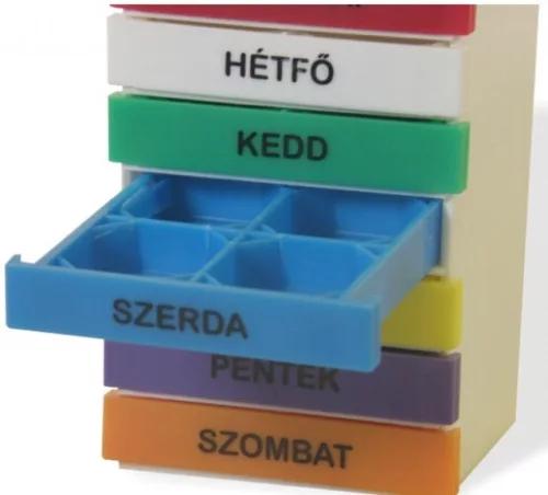 Gyógyszeradagoló heti torony, színes felíratokkal