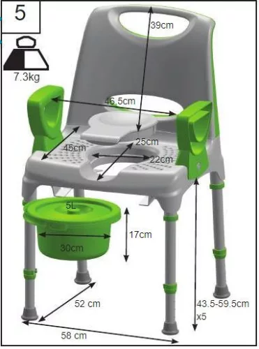 AQTICA COMFORT háttámlás zuhany és wc szék állítható magassággal, 130kg-ig kivehető karfa és háttámla